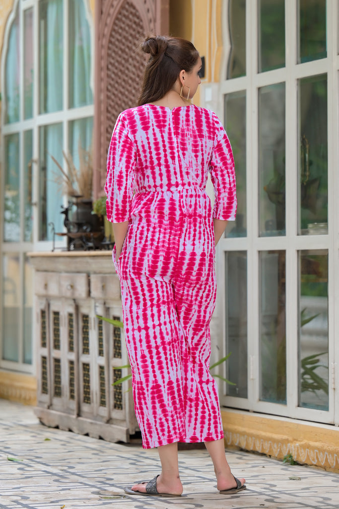 Magenta Pink Shibori Tie-Dye Printed Casual Cotton Jumpsuit-jumpsuit-The Kapas
