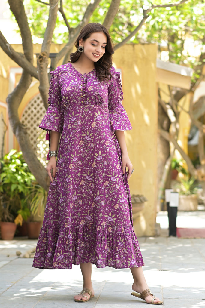 Sparkling Purple Floral Printed Kurta Dress-Kurta-The Kapas