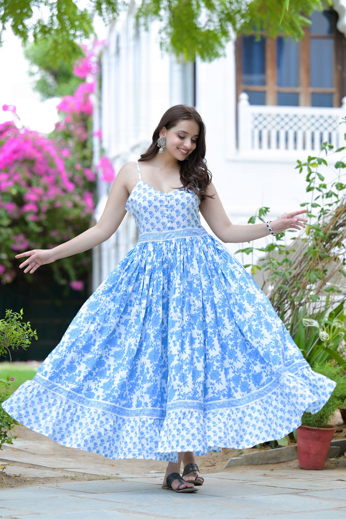 Blue Grotto Floral Printed Cotton Maxi Dress-Dress-The Kapas