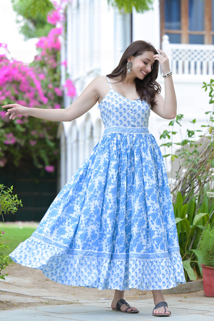 Blue Grotto Floral Printed Cotton Maxi Dress-Dress-The Kapas