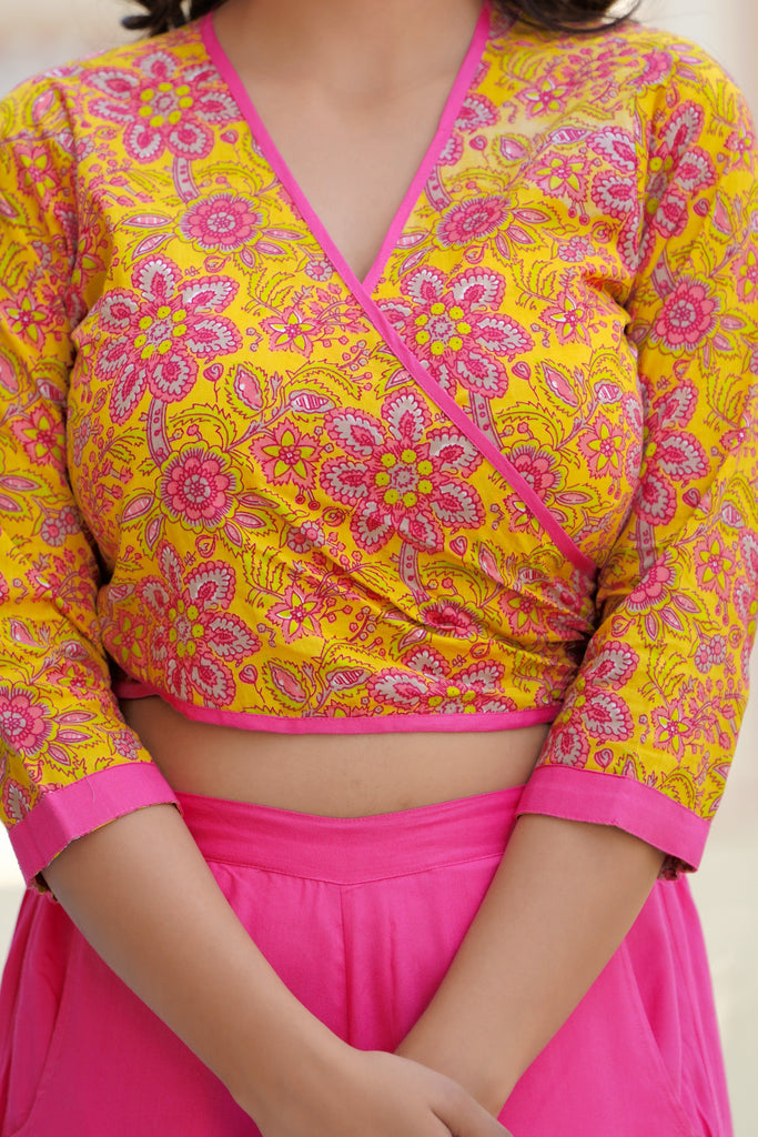 French Pink Flared Palazzo and Floral Print Yellow Crop Top Set – The Kapas