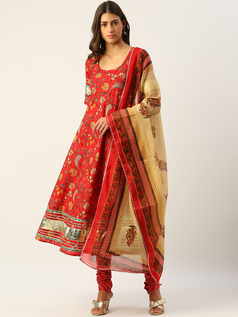 Red Printed Anarkali Suit Set with Dupatta-Kurta Set-The Kapas