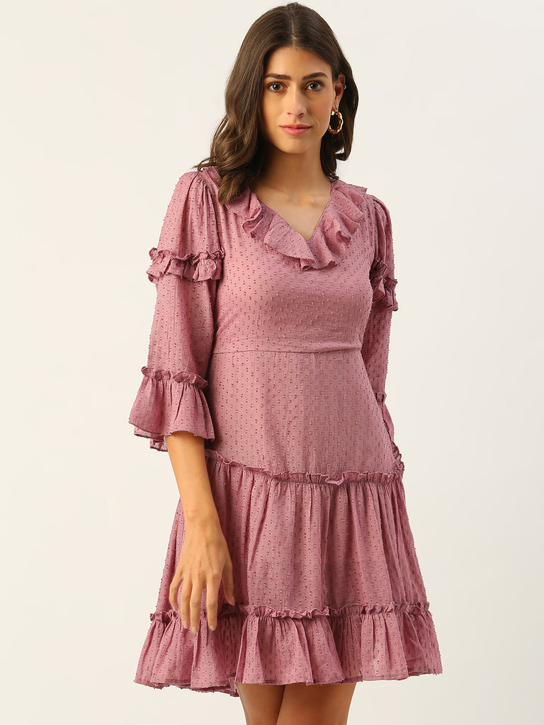Mauve Cotton Dobby Ruffle Dress-Dress-The Kapas