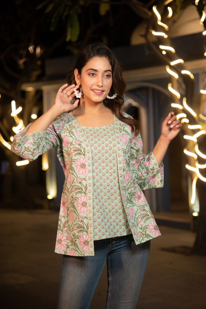 Garden Green and Pink Floral Print Top with Detachable Shrug-top-The Kapas