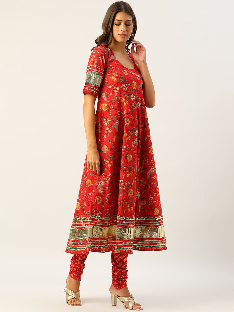 Red Printed Anarkali Suit Set with Dupatta-Kurta Set-The Kapas