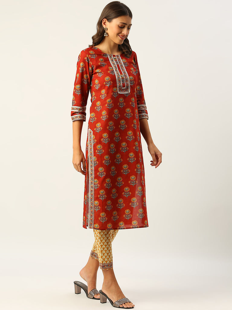 Red Floral Print Ethnic Suit Set-Kurta Set-The Kapas