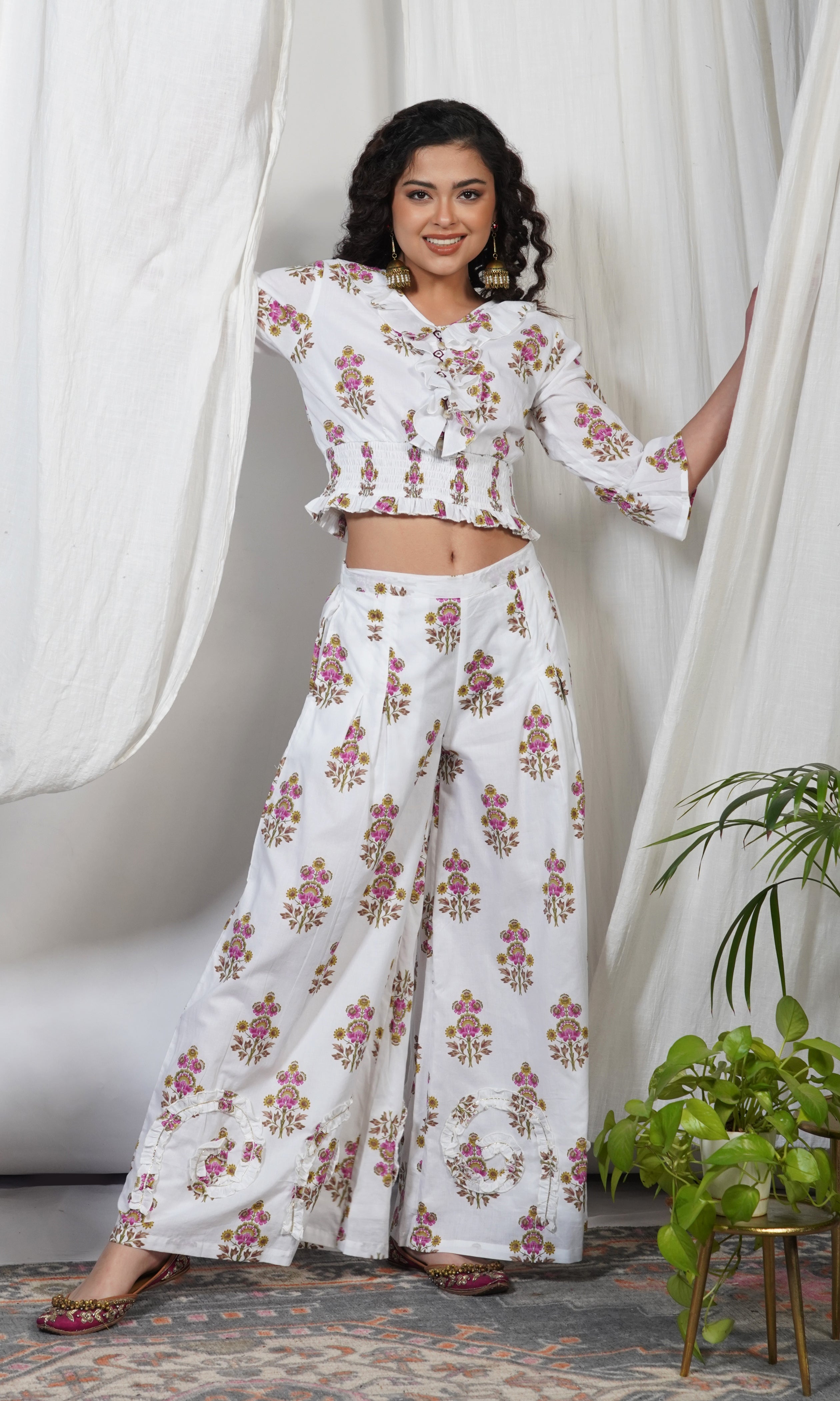 Silk White and Pink Smocky Cotton Crop Top & Flared Palazzo Set – The Kapas