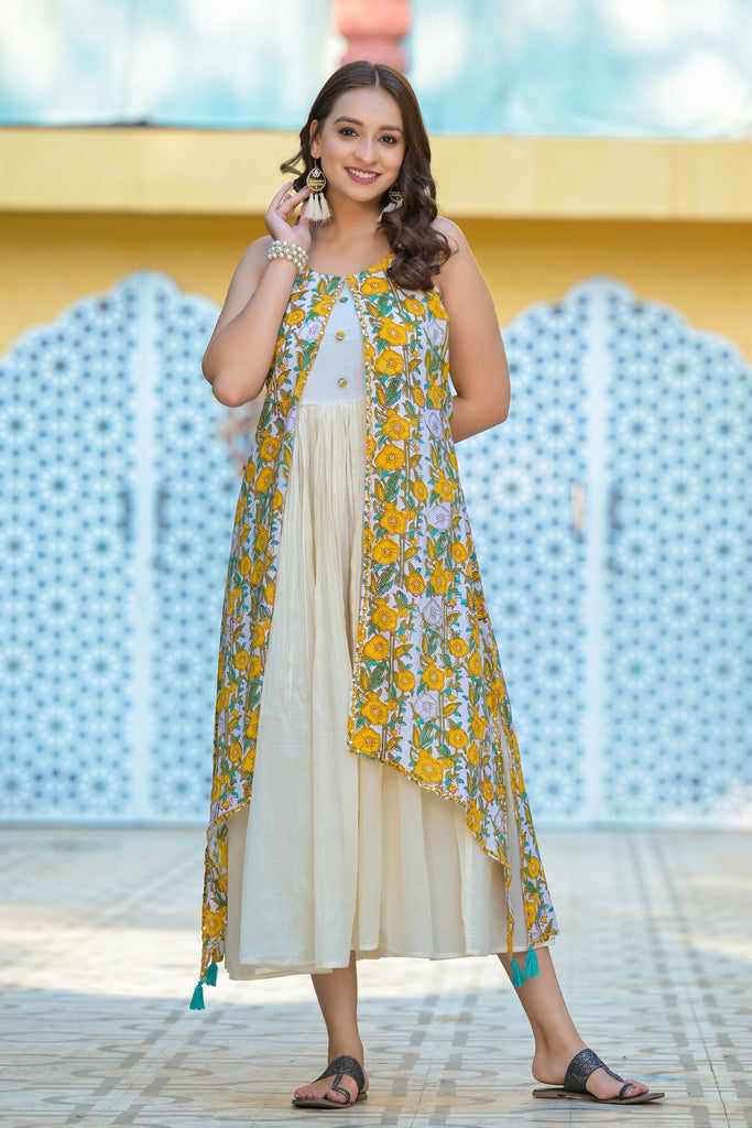 Jasmine white & Yellow Embellished Ethnic Kurta Dress-Kurta-The Kapas