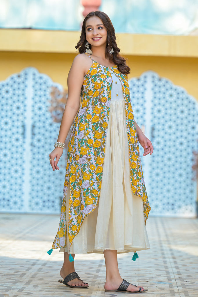 Jasmine white & Yellow Embellished Ethnic Kurta Dress-Kurta-The Kapas