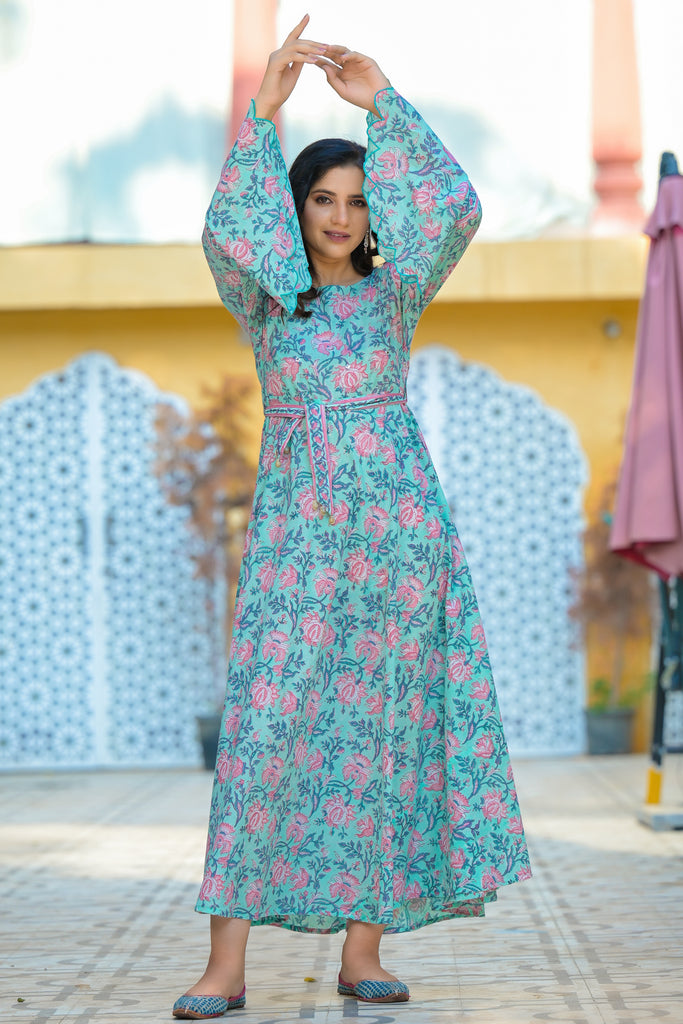 Bermuda Green Blooming Floral Print Ethnic Kurta Dress-Outfit Sets-The Kapas