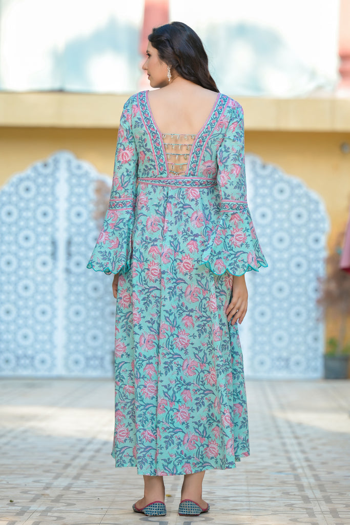 Bermuda Green Blooming Floral Print Ethnic Kurta Dress-Outfit Sets-The Kapas