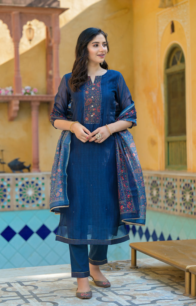 Alluring Denim Blue Embroidered Chanderi Ethnic Kurta with Trousers & Dupatta Set-Kurta-The Kapas