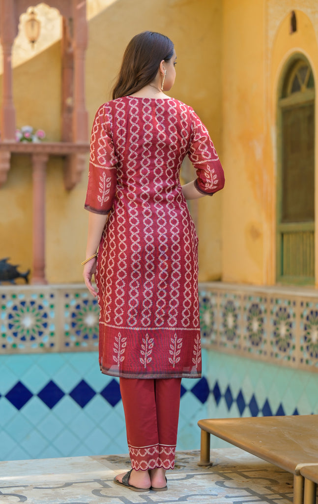 Bright Red & Beige Printed Chanderi Ethnic Kurta with Trousers & Dupatta Set-Kurta-The Kapas