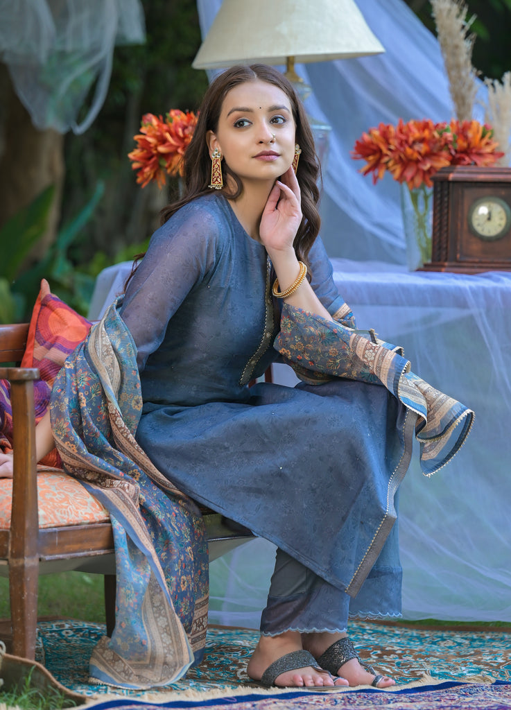 Shadow Blue Embellished Chanderi Ethnic Kurta with Trousers & Dupatta Set-Kurta-The Kapas