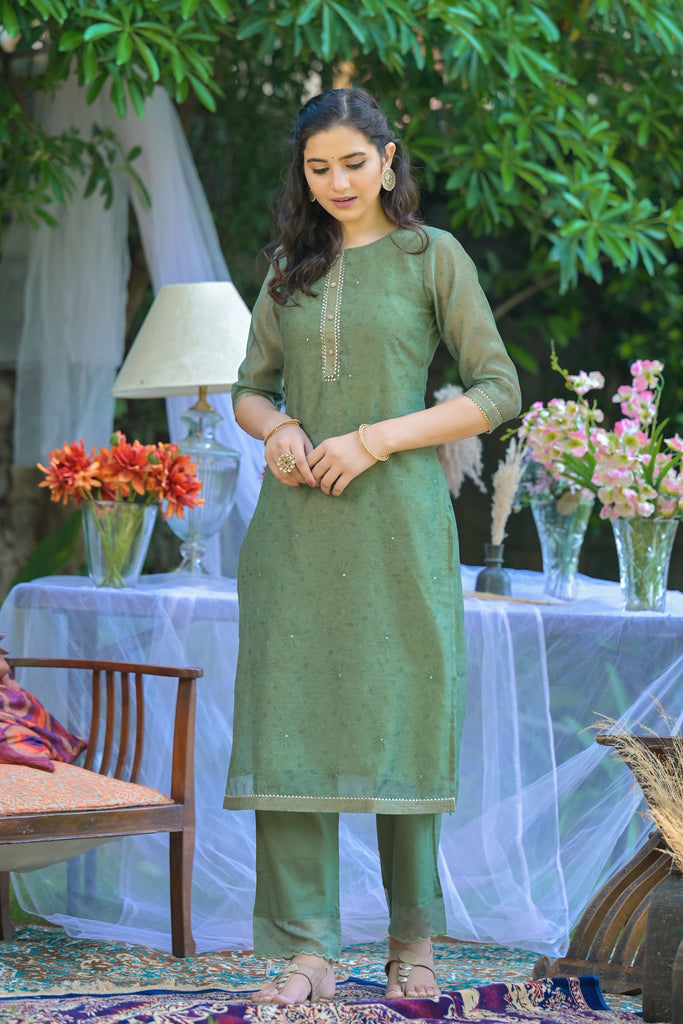 Apple Green Embellished Chanderi Festive Kurta with Trousers & Dupatta Set-Kurta-The Kapas