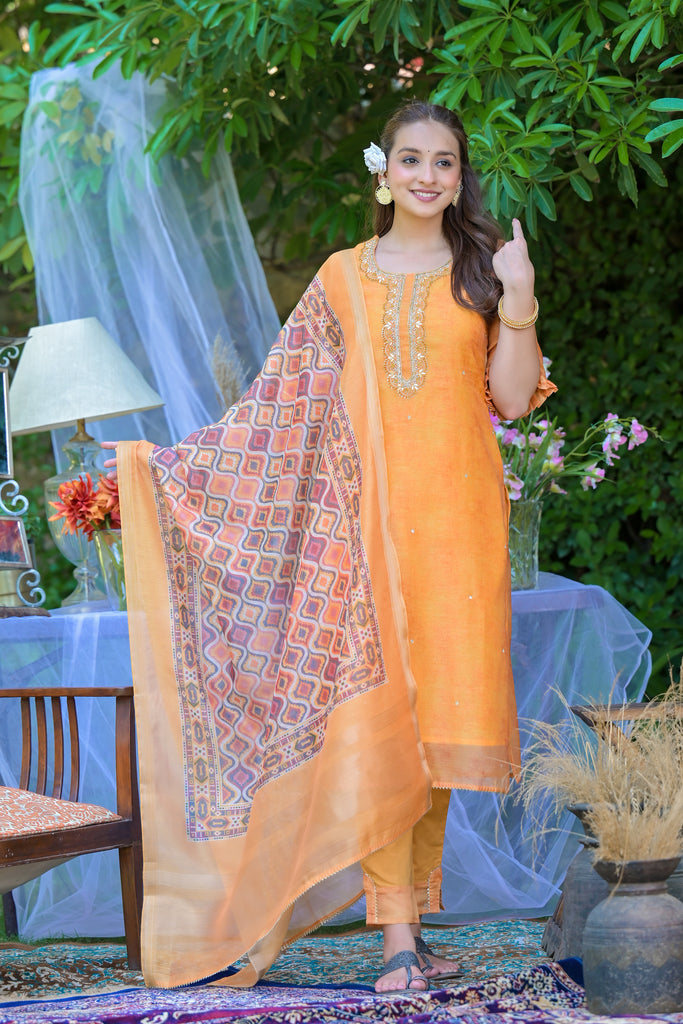 Sand Orange Printed Chanderi Ethnic Kurta with Trousers & Dupatta Set-Kurta-The Kapas