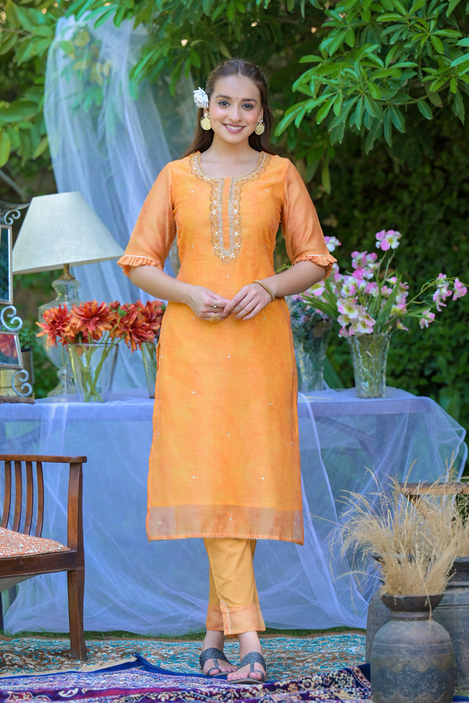 Sand Orange Printed Chanderi Ethnic Kurta with Trousers & Dupatta Set-Kurta-The Kapas