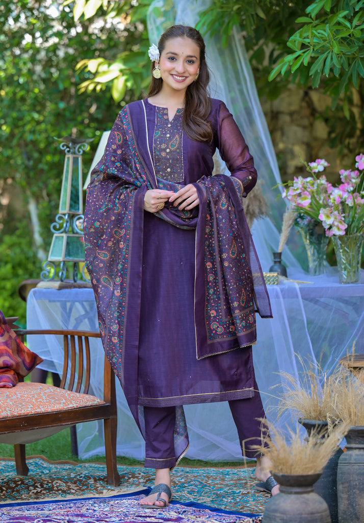 Violet Purple Embroidered Chanderi Ethnic Kurta with Trousers & Dupatta Set-Kurta-The Kapas