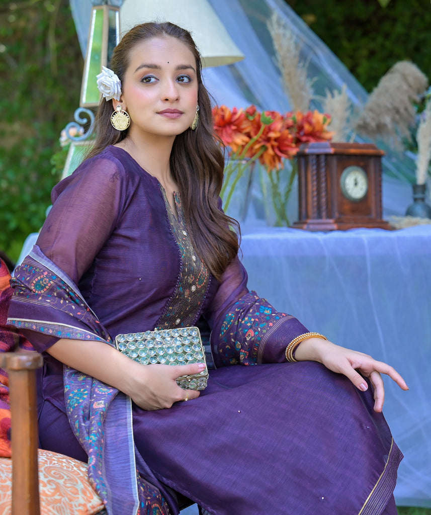 Violet Purple Embroidered Chanderi Ethnic Kurta with Trousers & Dupatta Set-Kurta-The Kapas