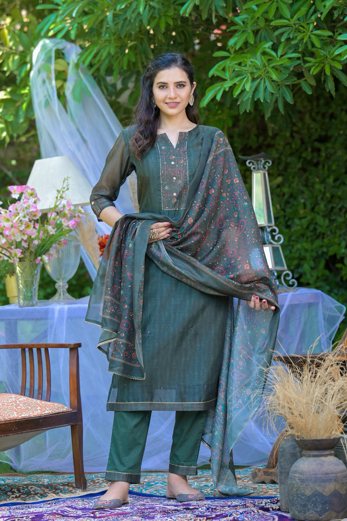 Dazzling Green Embroidered Chanderi Ethnic Kurta with Trousers & Dupatta Set-Kurta-The Kapas
