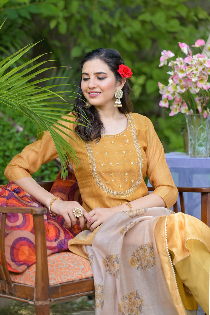Bright Yellow & Beige Embroidered Chanderi Festive Kurta with Trousers & Dupatta Set-Kurta-The Kapas