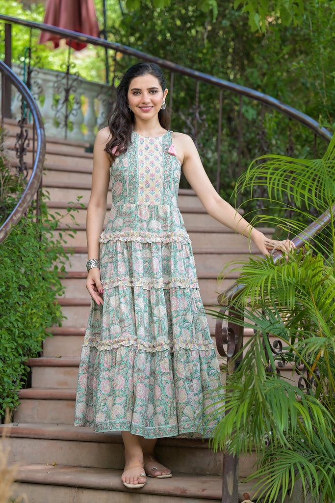 Charming Pea Green Floral Print Tired Tie-Up Maxi Dress-Dress-The Kapas