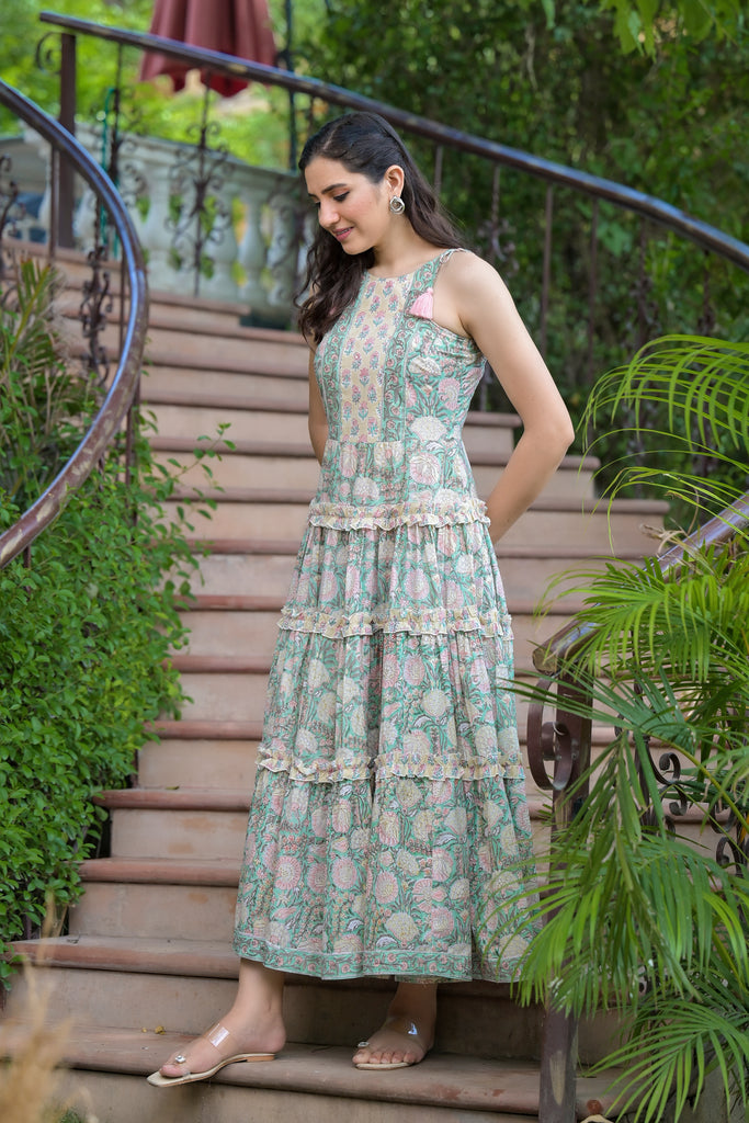 Charming Pea Green Floral Print Tired Tie-Up Maxi Dress-Dress-The Kapas