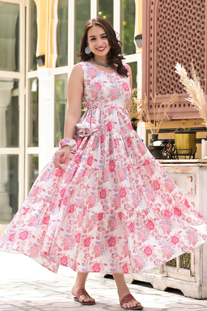 Ocean White & Pink Floral Print Tired Maxi Dress-Dress-The Kapas