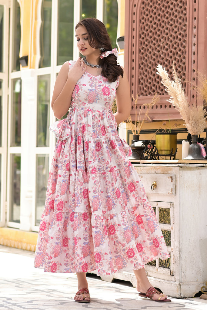 Ocean White & Pink Floral Print Tired Maxi Dress-Dress-The Kapas