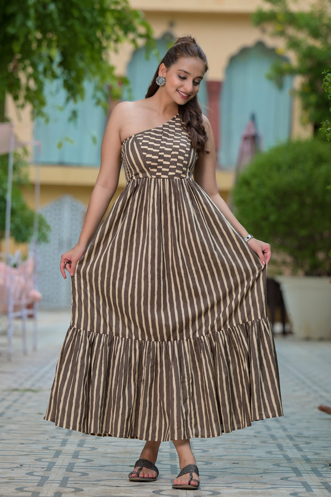 Nut Brown & Black Striped One Shoulder Maxi Dress-Dress-The Kapas