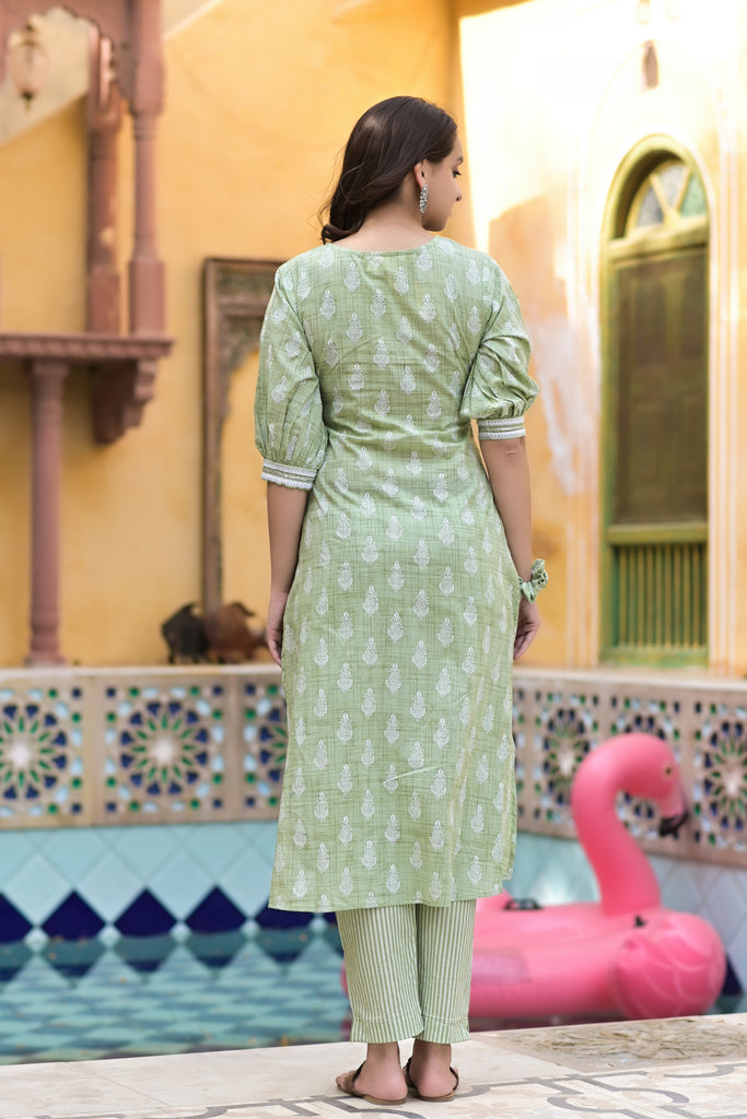 Fern Green Printed Kurta & Trouser Set With Dupatta (Set of 3)-Kurta Set-The Kapas