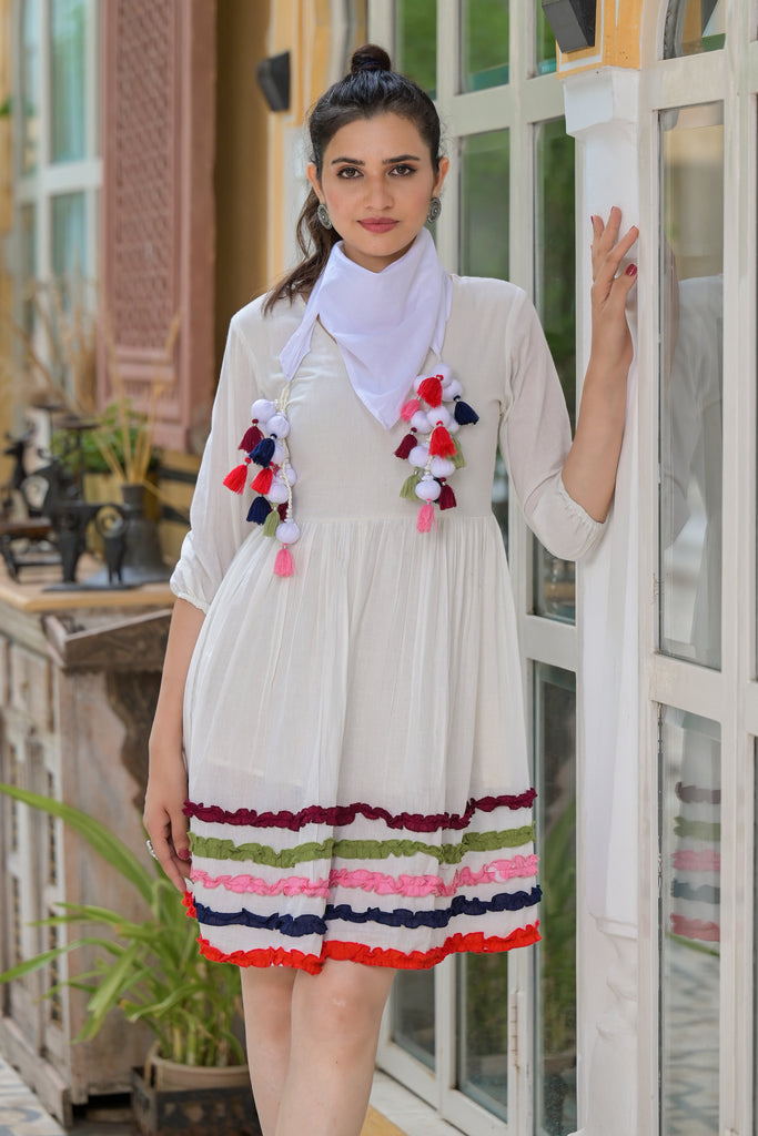 Off- White Tired Flared Dress With Scarf-Dress-The Kapas