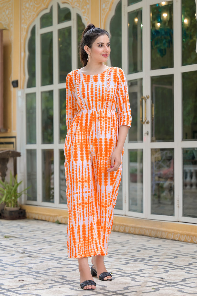 Carrot Orange Shibori Tie-Dye Printed Casual Cotton Jumpsuit-jumpsuit-The Kapas