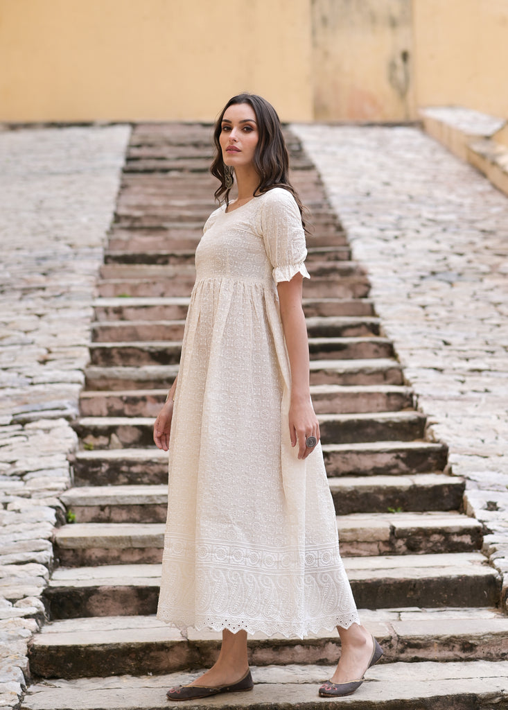 Off - White Schiffli Cotton Dress-Dress-The Kapas