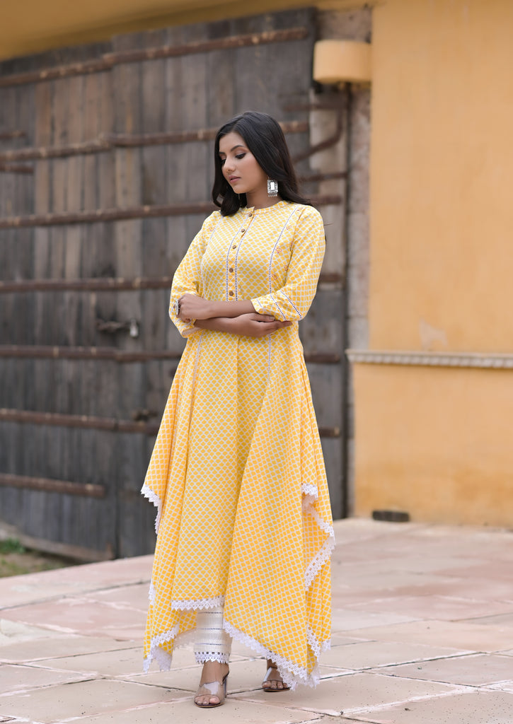 Yellow Pure Cotton Printed Suit Set (Set of 2)-Kurta Set-The Kapas