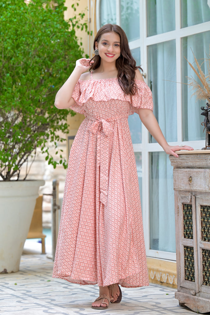 Pleasant Peach Off- Shoulder Printed Maxi Dress-Dress-The Kapas