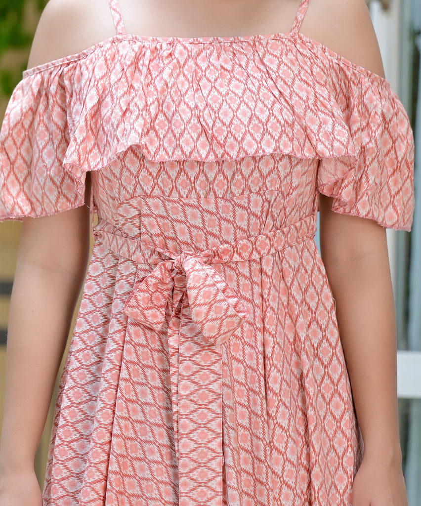 Pleasant Peach Off- Shoulder Printed Maxi Dress-Dress-The Kapas