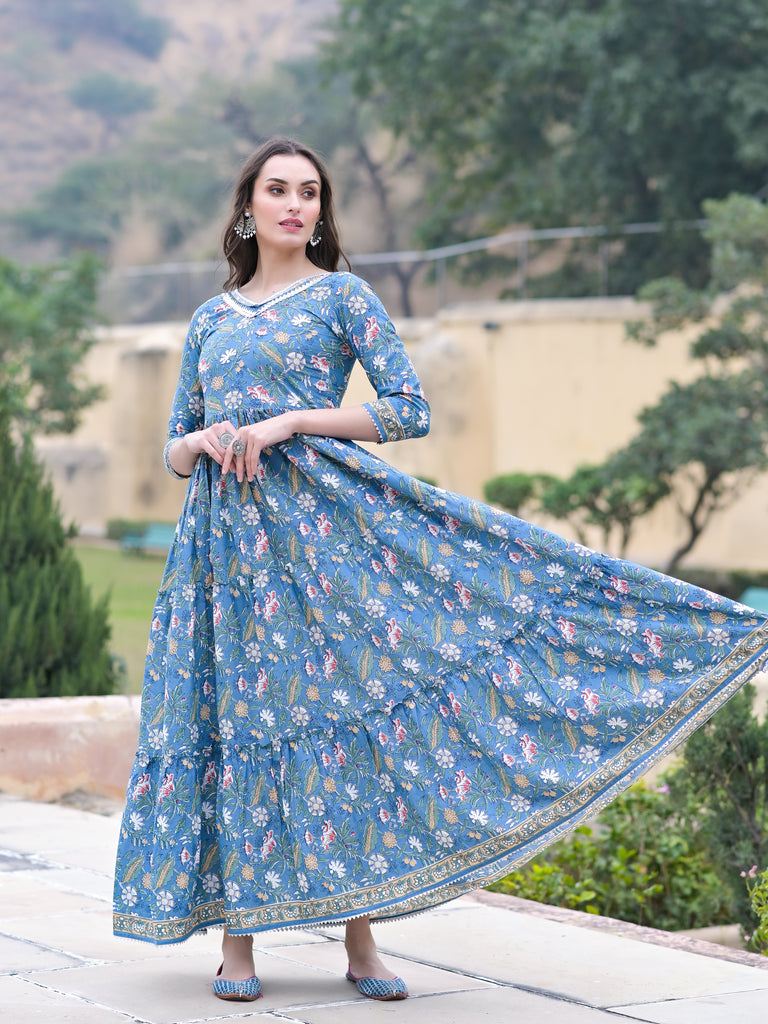 Cotton Blue Embellished Tired Ethnic Kurta Dress-Kurta-The Kapas