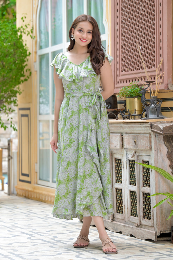 Lush Green Flared Wrap Printed Maxi Dress-Dress-The Kapas