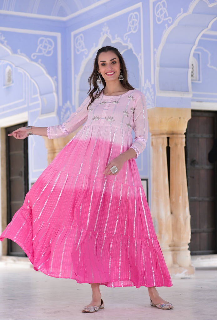 Pink Ombre Embellished Ethnic Kurta Dress-Kurta-The Kapas