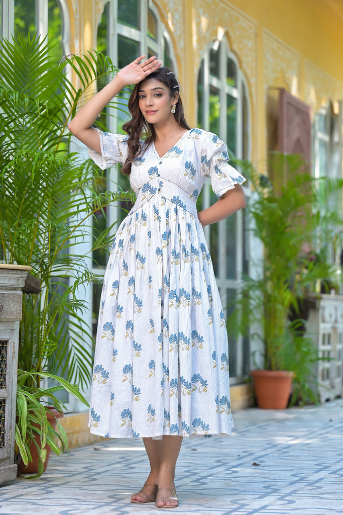 Coconut White Cotton Princess Floral Printed Dress-Dress-The Kapas