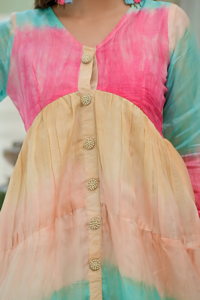 Macaroon Candy Pink Color- block Tie & Dye High Low Flared Dress-Dress-The Kapas