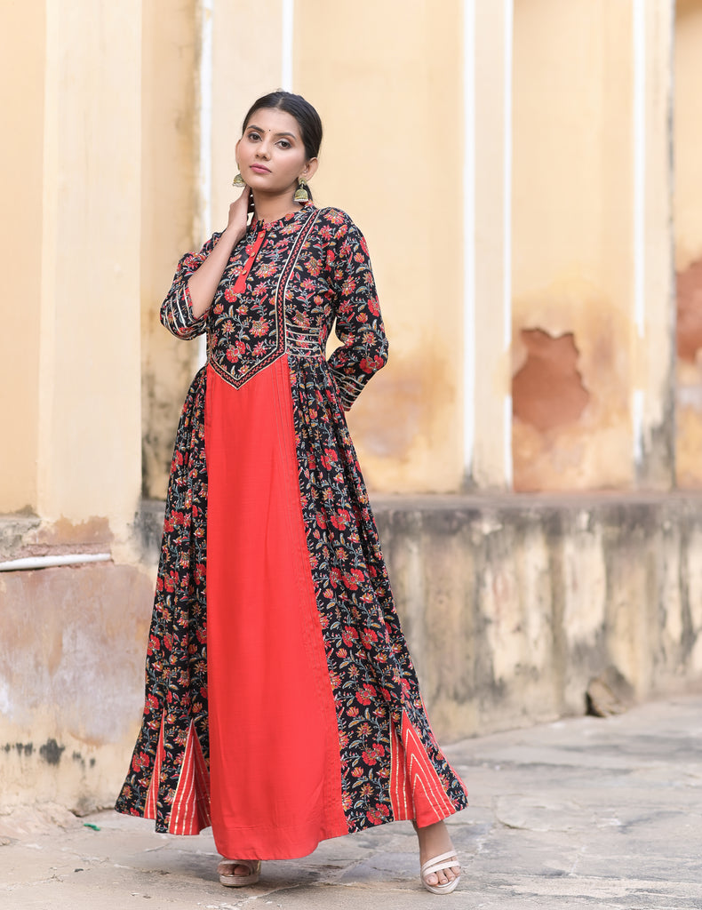 Red Embellished Printed Ethnic Kurta Dress-Kurta-The Kapas