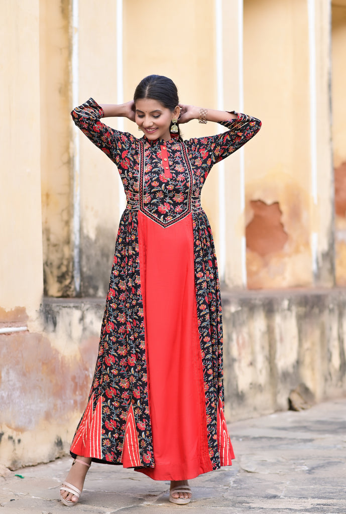 Red Embellished Printed Ethnic Kurta Dress-Kurta-The Kapas
