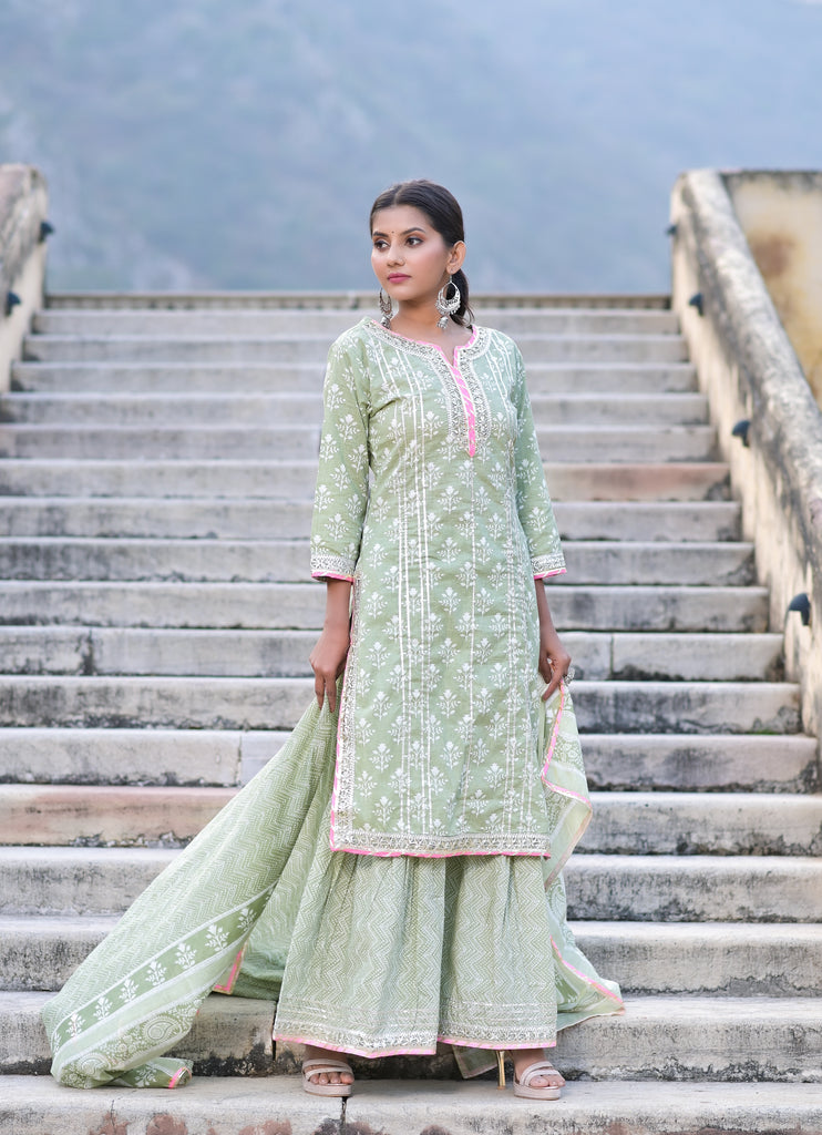 Green Gota Patti Embellished Cotton Kurta With Printed Sharara & Dupatta (Set of 3)-Sharara Set-The Kapas