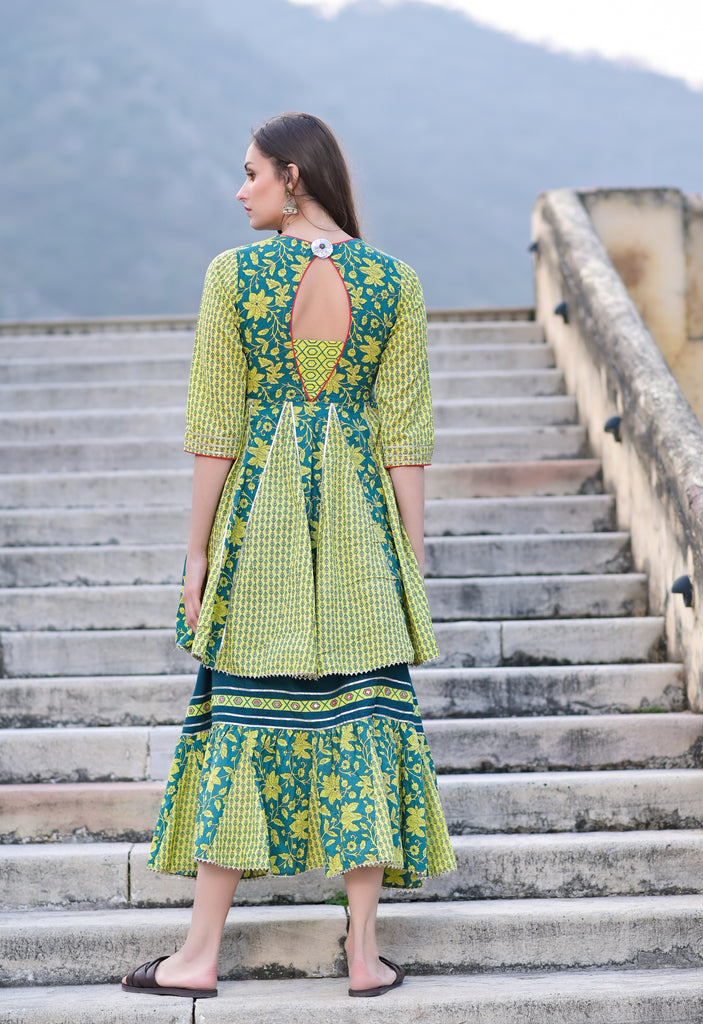Cotton Green Embellished Tired Ethnic Kurta Dress-Kurta-The Kapas