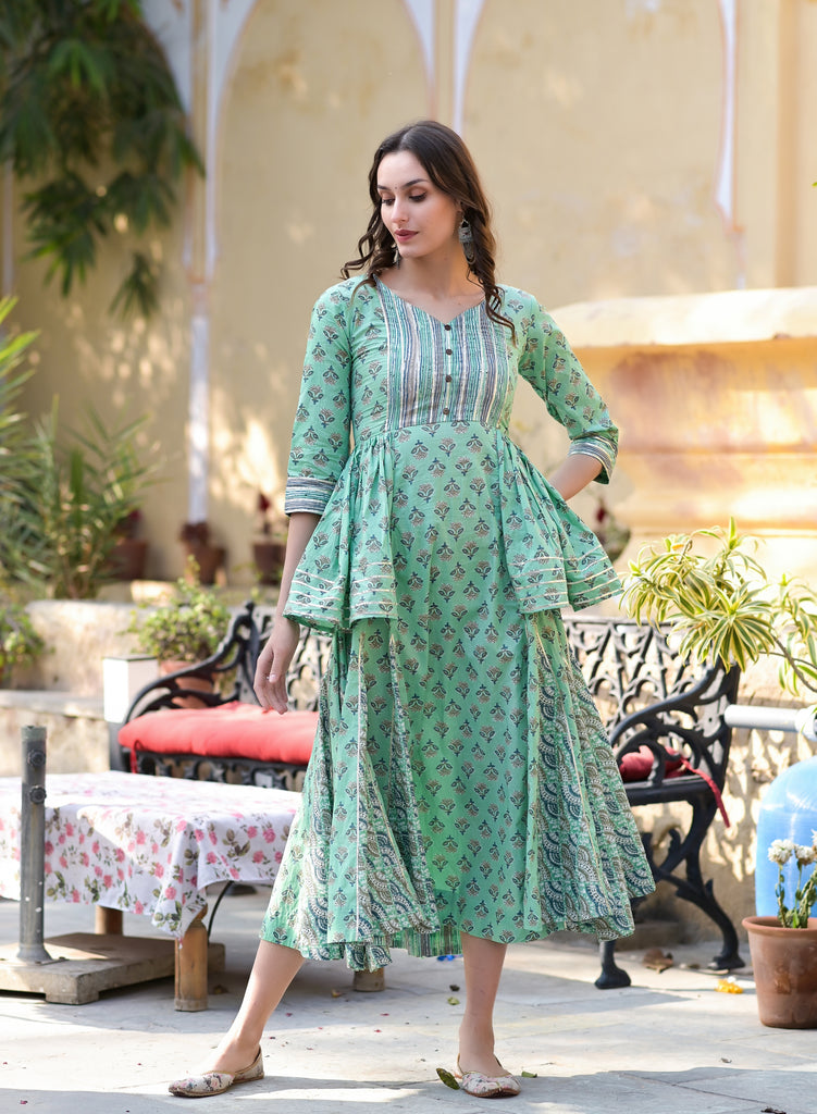 Cotton Green Embellished Printed Tired Ethnic Kurta Dress-Kurta-The Kapas