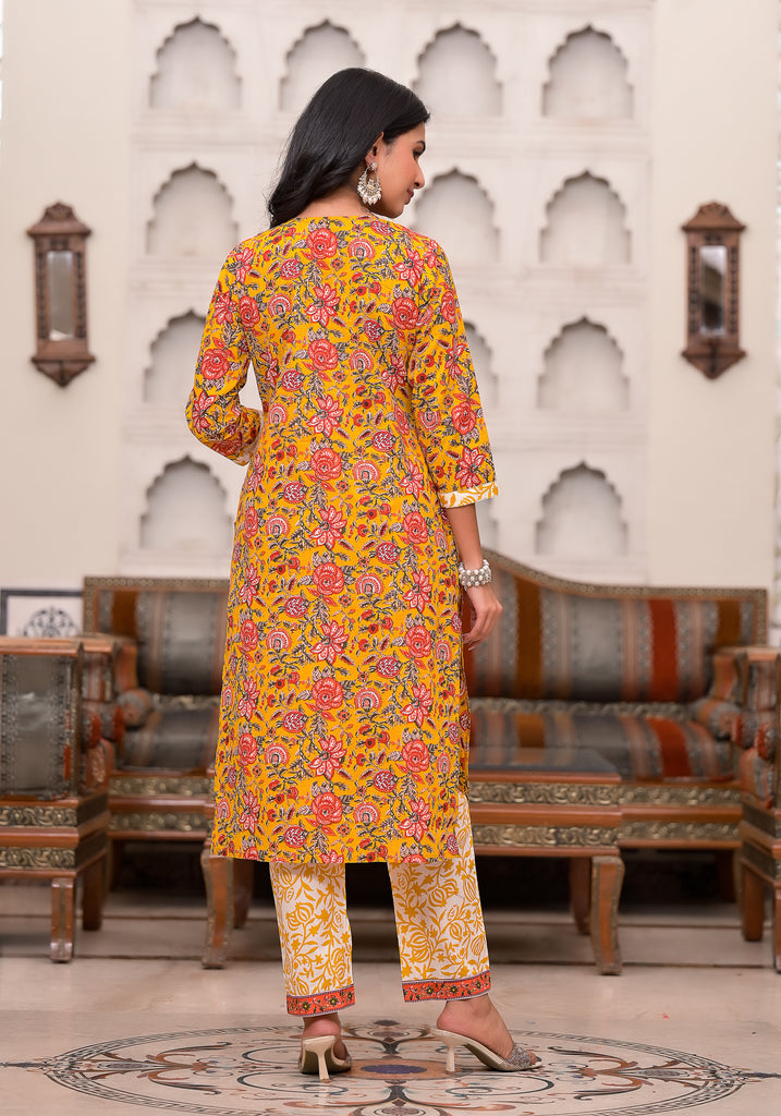 Yellow & Pink Embellished Gota Paati Floral Print Suit Set (Set of 3)-Kurta Set-The Kapas