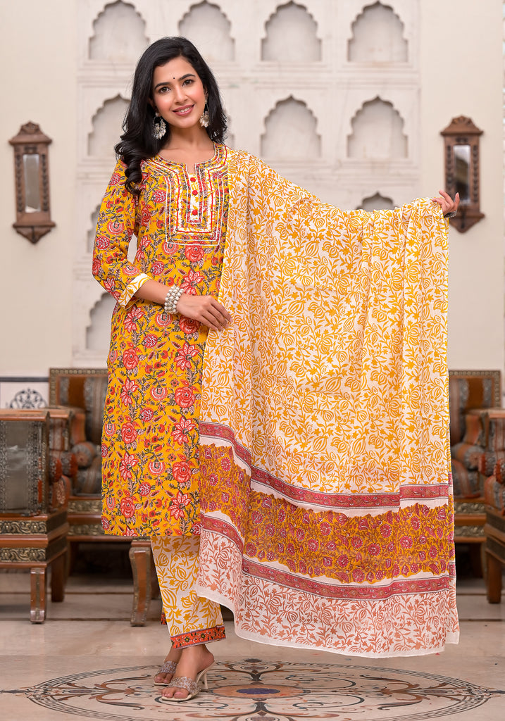 Yellow & Pink Embellished Gota Paati Floral Print Suit Set (Set of 3)-Kurta Set-The Kapas