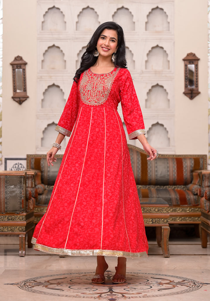 Bright Red Embellished Printed Kurta Dress-Outfit Sets-The Kapas
